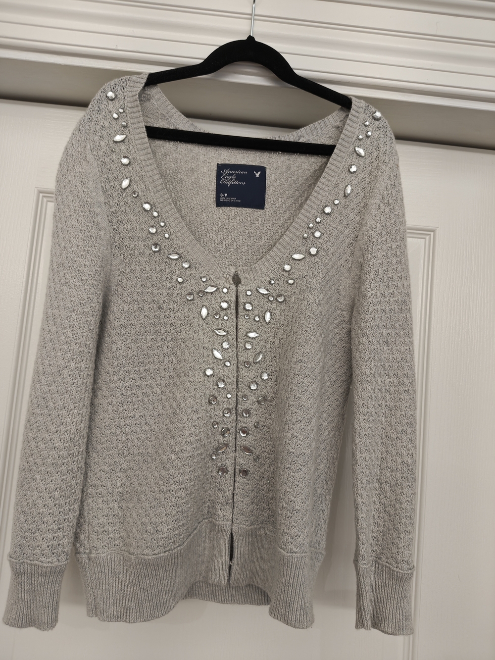 American Eagle Outfitters Light Gray Jeweled V-Neck Cardigan